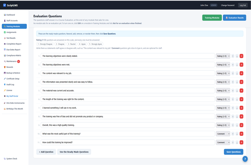 ScriptLMS Evaluation Questions page listing the course evaluation questions staff answer at the end of a module